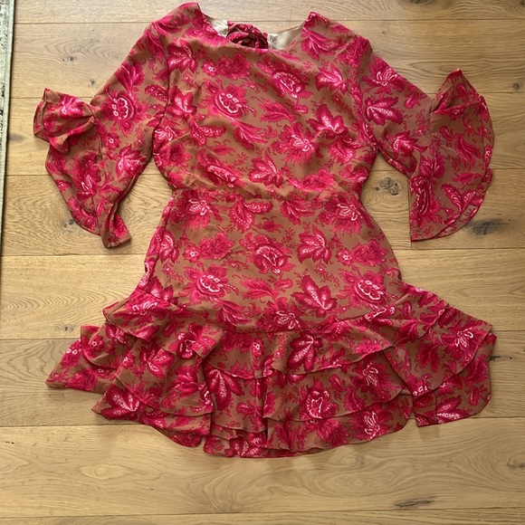 Flirty Floral Ruffle Dress in Pink and Tan - Picture 9 of 9